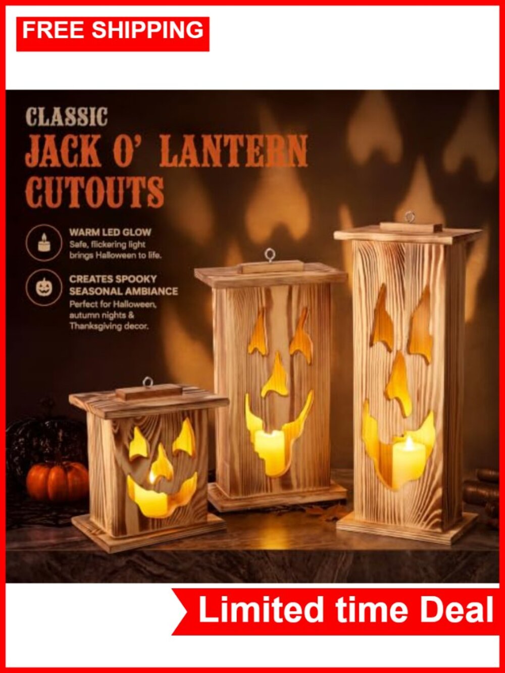 Halloween Wooden Lantern Set 3 Pcs Jack O Lantern Decor - Picture 4 of 6